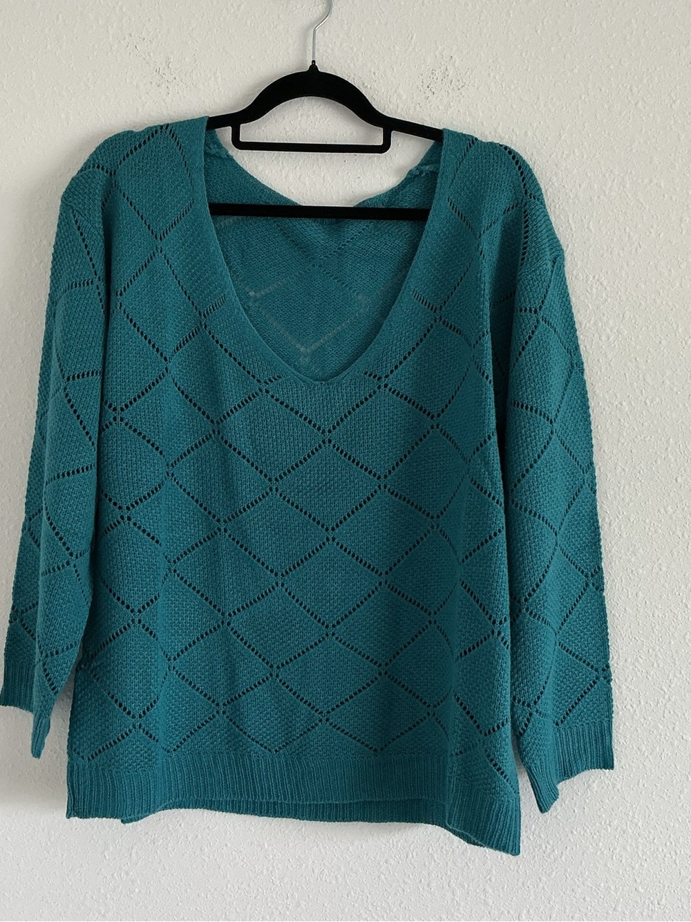 Amazon Teal Open Diamond Knit V-Neck Sweater